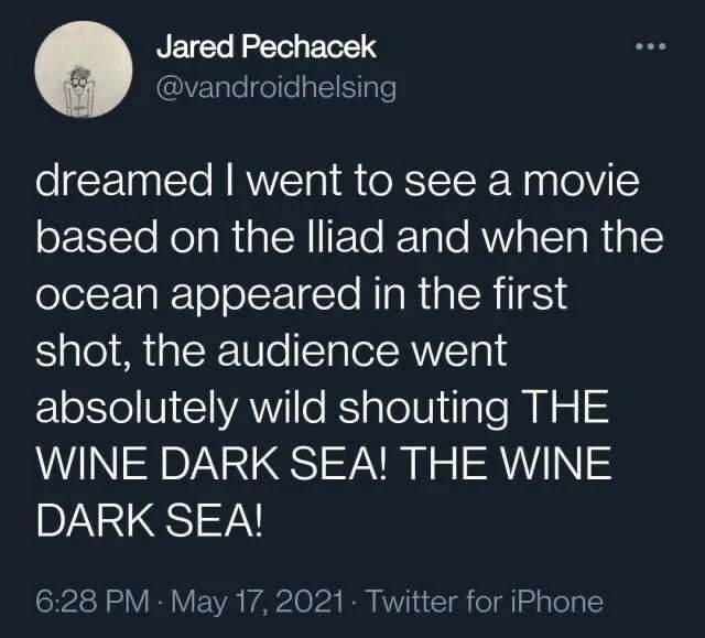 dreamed I went to see a movie
based on the Iliad and when the ocean appeared in the first shot, the audience went absolutely wild shouting THE WINE DARK SEA! THE WINE DARK SEA!
6:28 PM May 17, 2021 Twitter for iPhone