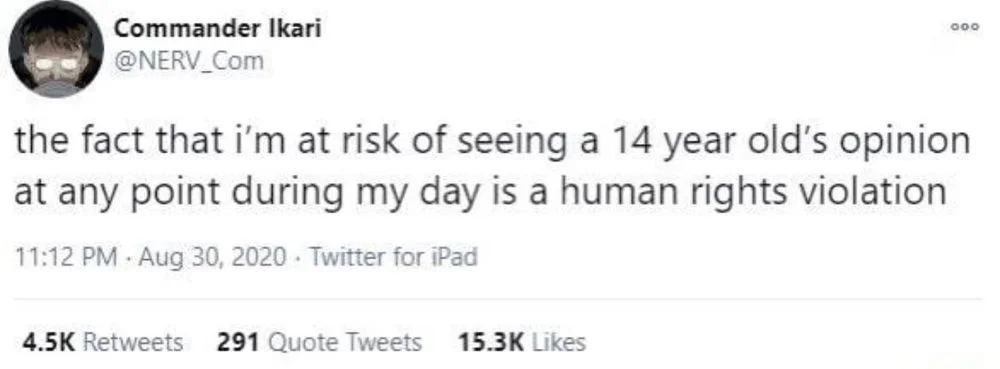 the fact that i'm at risk of seeing a 14 year old's opinion at any point during my day is a human rights violation
Aug 30, 2020