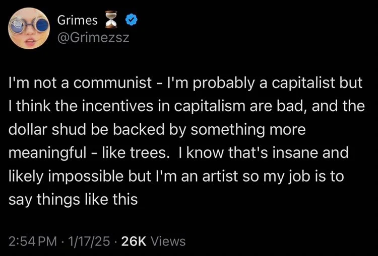 I'm not a communist - I'm probably a capitalist but I think the incentives in capitalism are bad, and the dollar shud be backed by something more
meaningful - like trees. I know that's insane and likely impossible but I'm an artist so my job is to say things like this