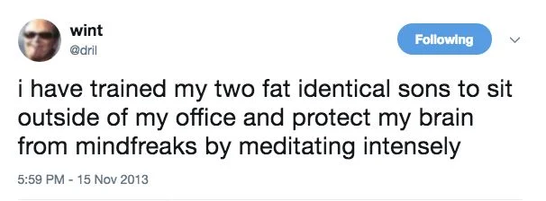 i have trained my two fat identical sons to sit outside of my office and protect my brain from mindfreaks by meditating intensely
15 Nov 2013