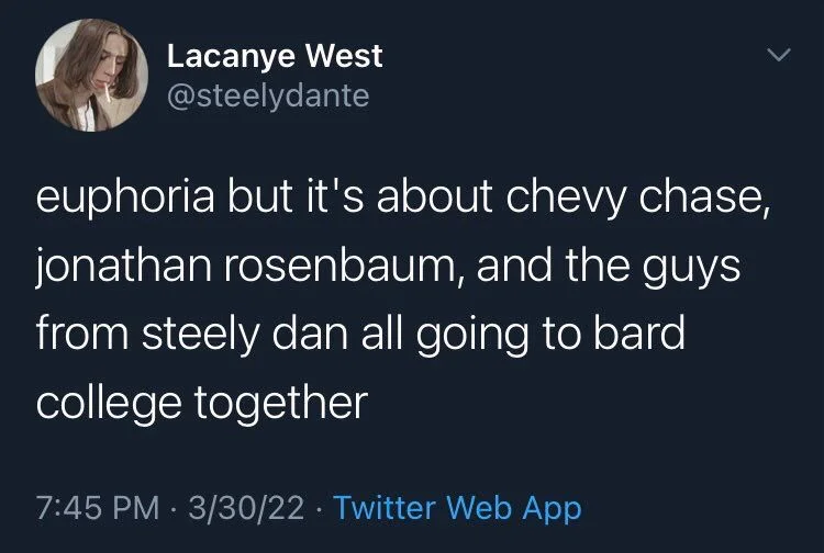 euphoria but it's about chevy chase, jonathan rosenbaum, and the guys from steely dan all going to bard college together