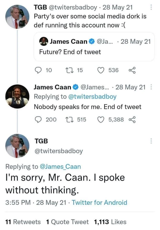 Future? End of tweet


TGB @twitersbadboy
 Party's over some social media dork is def running this account now :(


James Caan @James_Caan
Nobody speaks for me. End of tweet


TGB
@twitersbadboy
I'm sorry, Mr. Caan. I spoke without thinking.