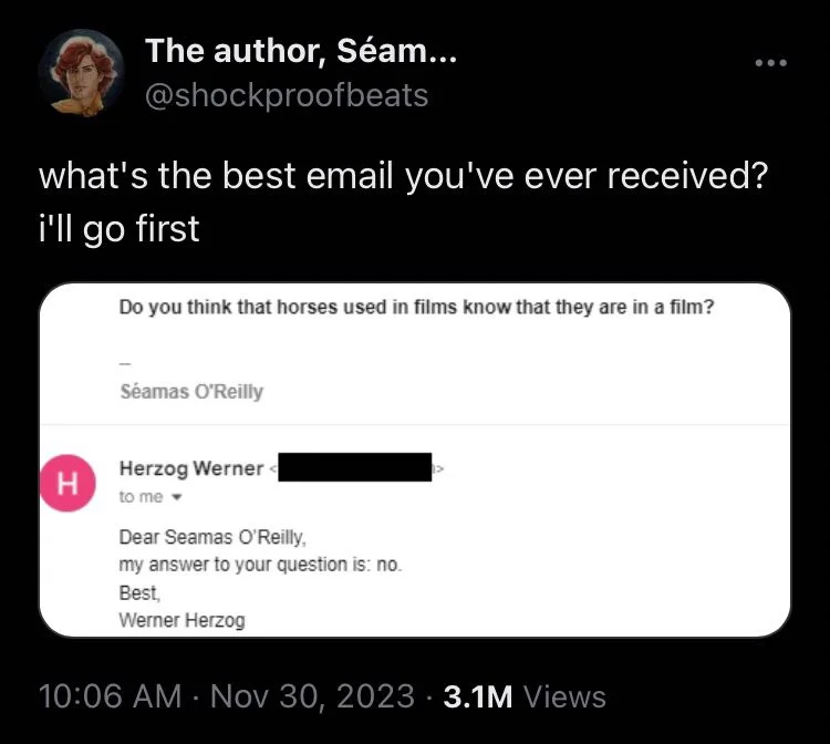 what's the best email you've ever received? i'll go first

(Screenshot of email thread)

Do you think that horses used in films know that they are in a film?
Séamas O'Reilly


Herzog Werner
to me▾
Dear Seamas O'Reilly,
my answer to your question is: no.
Best,
Werner Herzog