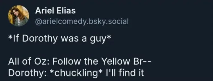 *If Dorothy was a guy*
All of Oz: Follow the Yellow Br-- Dorothy: *chuckling* I'll find it