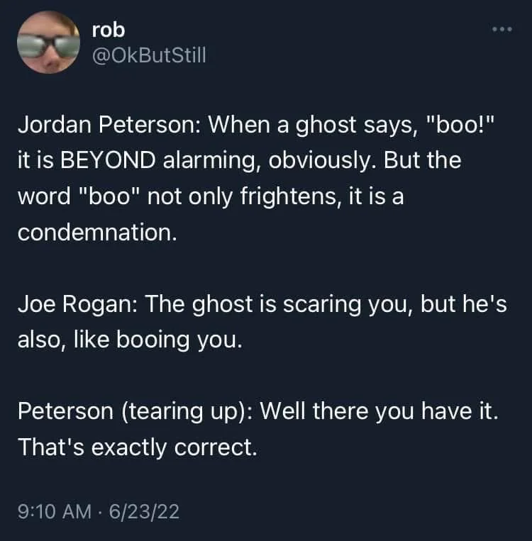 Jordan Peterson: When a ghost says, "boo!" it is BEYOND alarming, obviously. But the word "boo" not only frightens, it is a condemnation.
Joe Rogan: The ghost is scaring you, but he's also, like booing you.
Peterson (tearing up): Well there you have it. That's exactly correct.