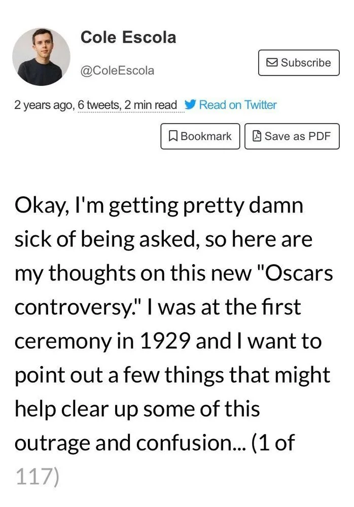 Escola


Okay, I'm getting pretty damn sick of being asked, so here are my thoughts on this new "Oscars controversy." I was at the first ceremony in 1929 and I want to point out a few things that might help clear up some of this
outrage and confusion... (1 of
117)