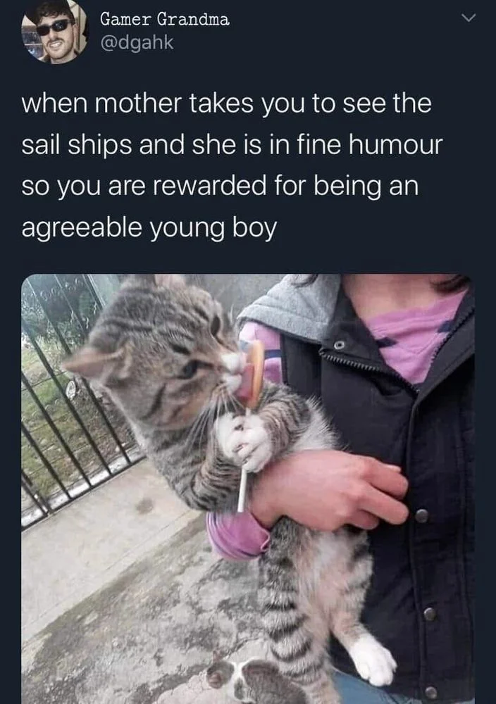 when mother takes you to see the sail ships and she is in fine humour so you are rewarded for being an agreeable young boy

(Photo of cat with a lollipop)