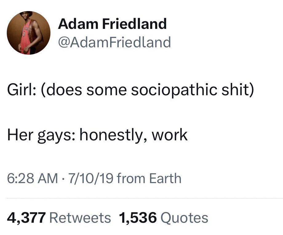 Girl: (does some sociopathic shit)
Her gays: honestly, work