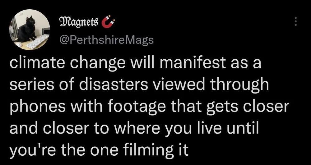 climate change will manifest as a series of disasters viewed through phones with footage that gets closer and closer to where you live until you're the one filming it