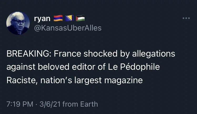 BREAKING: France shocked by allegations
against beloved editor of Le Pédophile Raciste, nation's largest magazine