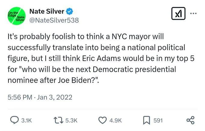 It's probably foolish to think a NYC mayor will successfully translate into being a national political figure, but I still think Eric Adams would be in my top 5 for "who will be the next Democratic presidential nominee after Joe Biden?".

Jan 3, 2022