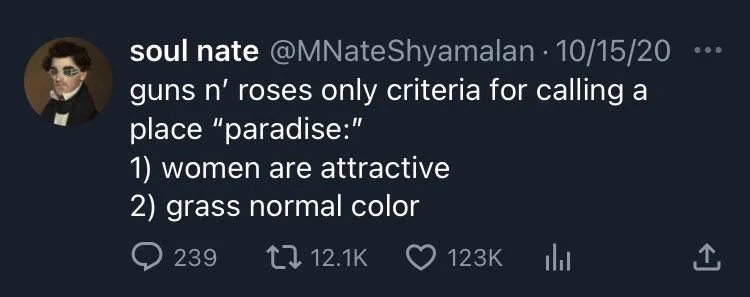 . 
guns n' roses only criteria for calling a place "paradise:"
1) women are attractive
2) grass normal color