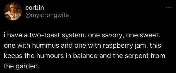i have a two-toast system. one savory, one sweet. one with hummus and one with raspberry jam. this keeps the humours in balance and the serpent from the garden.