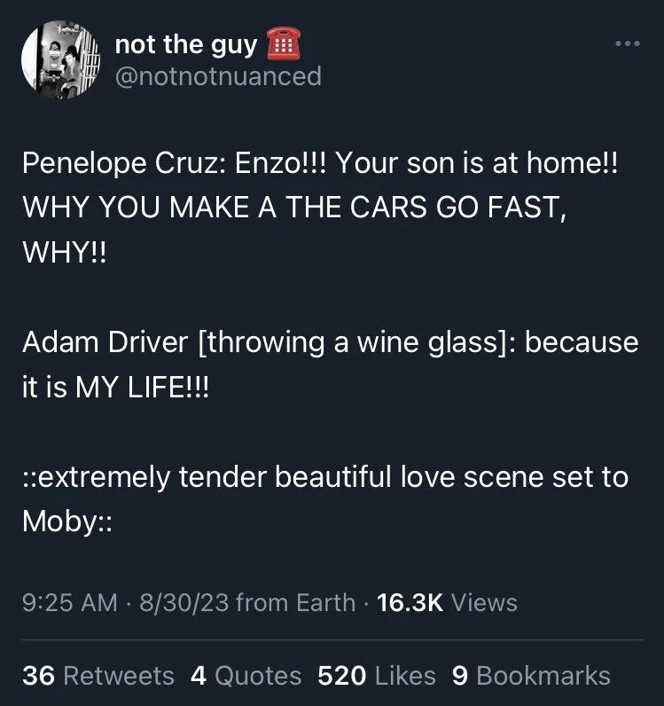 Penelope Cruz: Enzo!!! Your son is at home!! WHY YOU MAKE A THE CARS GO FAST, WHY!!
Adam Driver [throwing a wine glass]: because it is MY LIFE!!!
::extremely tender beautiful love scene set to Moby::