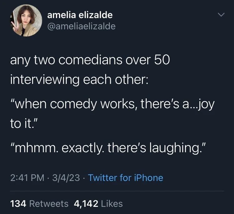 any two comedians over 50
interviewing each other:
"when comedy works, there's a...joy
to it."
"mhmm. exactly. there's laughing."