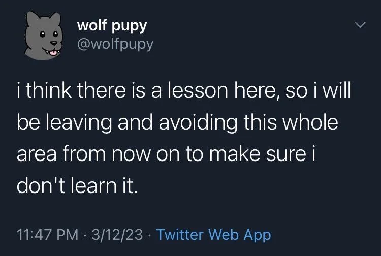 i think there is a lesson here, so i will be leaving and avoiding this whole
area from now on to make sure i
don't learn it.