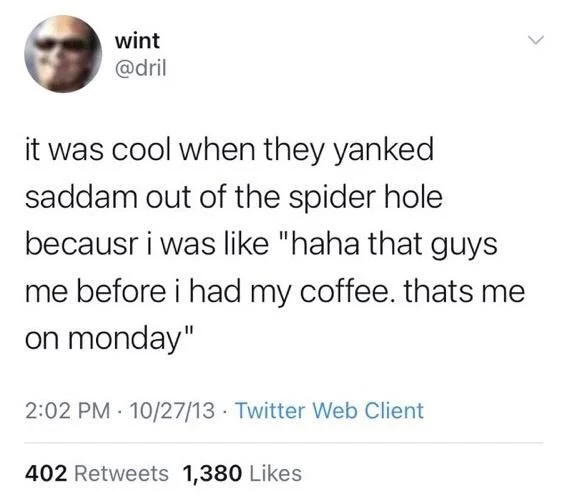 it was cool when they yanked saddam out of the spider hole becausr i was like "haha that guys
me before i had my coffee. thats me on monday"