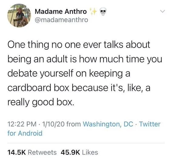 One thing no one ever talks about being an adult is how much time you debate yourself on keeping a cardboard box because it's, like, a really good box.