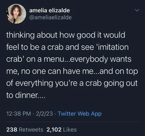 <
thinking about how good it would feel to be a crab and see 'imitation crab' on a menu...everybody wants me, no one can have me...and on top of everything you're a crab going out to dinner....