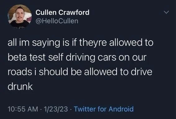 all im saying is if theyre allowed to beta test self driving cars on our roads i should be allowed to drive drunk