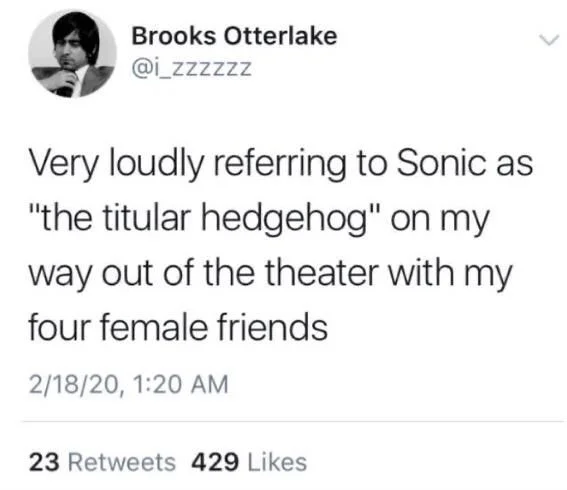 Very loudly referring to Sonic as "the titular hedgehog" on my way out of the theater with my four female friends