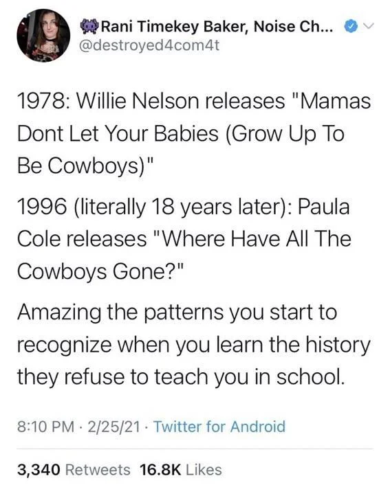 1978: Willie Nelson releases "Mamas
Dont Let Your Babies (Grow Up To Be Cowboys)"
1996 (literally 18 years later): Paula Cole releases "Where Have All The Cowboys Gone?"
Amazing the patterns you start to recognize when you learn the history they refuse to teach you in school.