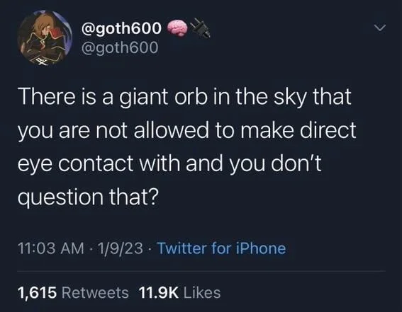 @goth600 @goth600
There is a giant orb in the sky that you are not allowed to make direct eye contact with and you don't question that?