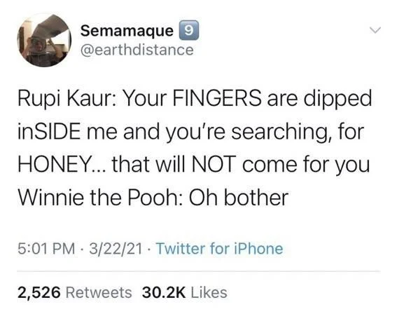 Rupi Kaur: Your FINGERS are dipped inSIDE me and you're searching, for HONEY... that will NOT come for you Winnie the Pooh: Oh bother