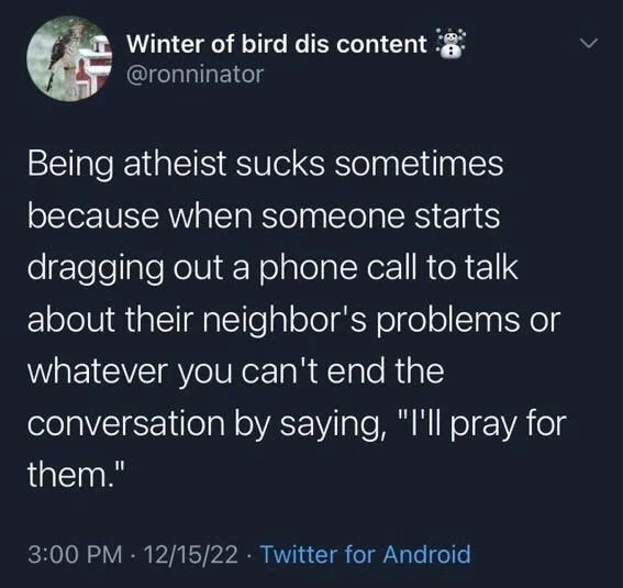 Being atheist sucks sometimes because when someone starts dragging out a phone call to talk about their neighbor's problems or whatever you can't end the
conversation by saying, "I'll pray for them."