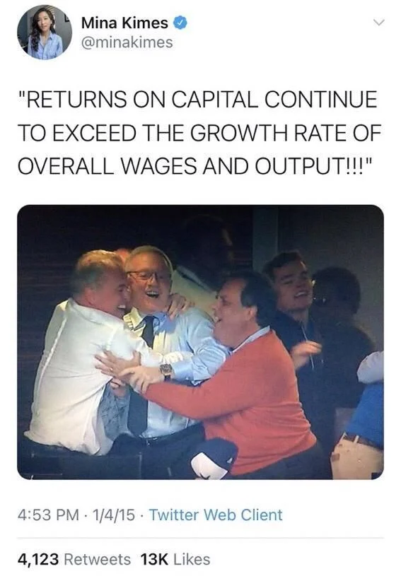 "RETURNS ON CAPITAL CONTINUE TO EXCEED THE GROWTH RATE OF OVERALL WAGES AND OUTPUT!!!"

(Photo: Chris Christie excitedly hugging other rich guys)