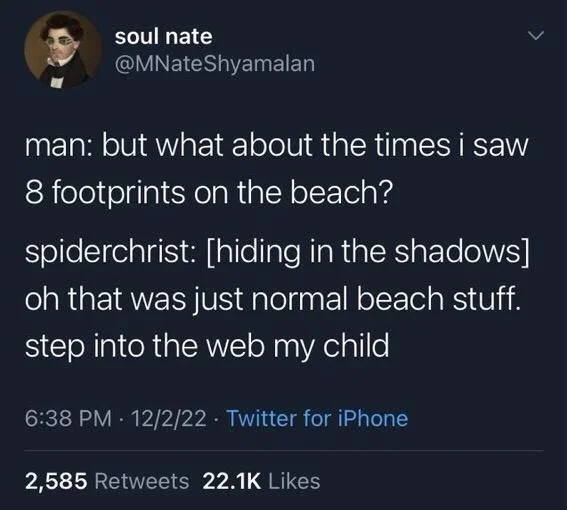man: but what about the times i saw 8 footprints on the beach?
spiderchrist: [hiding in the shadows] oh that was just normal beach stuff. step into the web my child