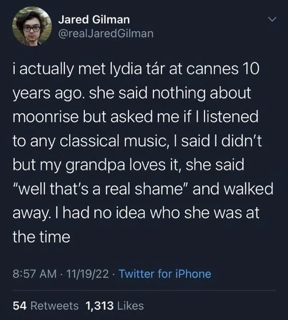 Gilman
i actually met lydia tár at cannes 10 years ago. she said nothing about moonrise but asked me if I listened
to any classical music, I said I didn't but my grandpa loves it, she said "well that's a real shame" and walked
away. I had no idea who she was at the time