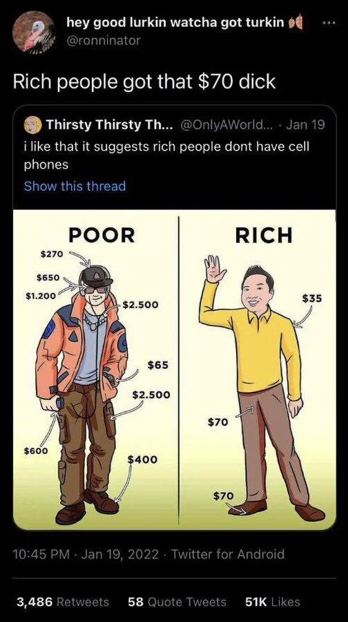 Rich people got that $70 dick

(Diagram showing “poor” person with multiple expensive garments and accoutrements and dollar figures next to each, and a “rich” person with cheap garments including $70 pointing to his groin)