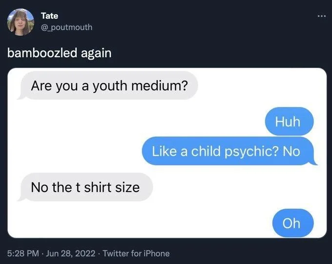 bamboozled again

(Screenshot of text conversation) 

Are you a youth medium?

Huh? Like a child psychic? No

No the t shirt size

Oh