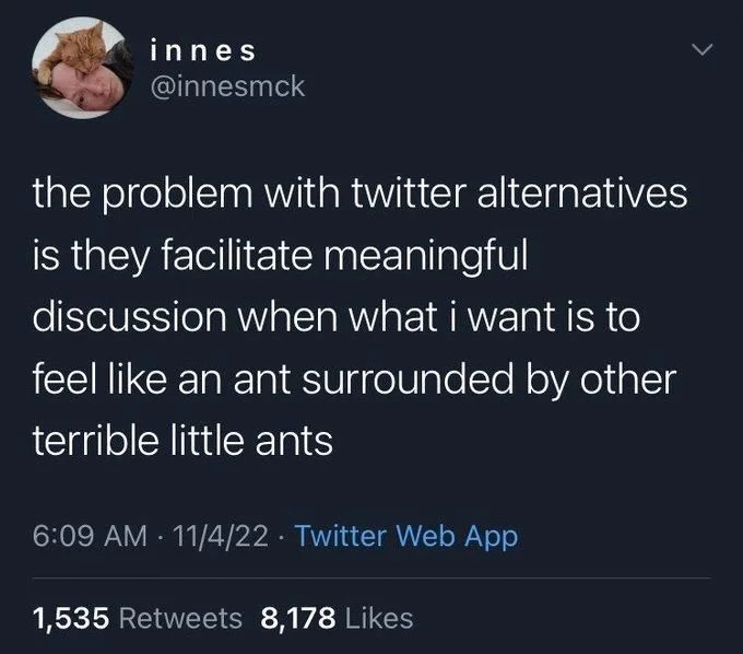 the problem with twitter alternatives is they facilitate meaningful discussion when what i want is to feel like an ant surrounded by other terrible little ants