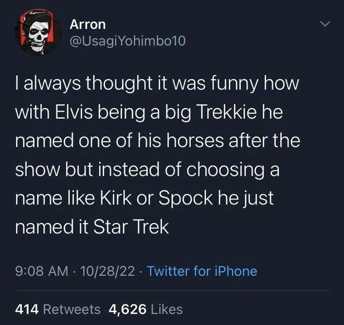 Yohimbo10
I always thought it was funny how with Elvis being a big Trekkie he named one of his horses after the show but instead of choosing a
name like Kirk or Spock he just
named it Star Trek