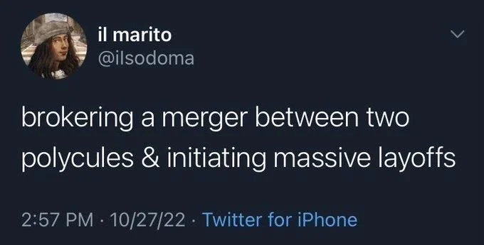 brokering a merger between two polycules & initiating massive layoffs