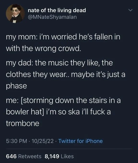 my mom: i'm worried he's fallen in with the wrong crowd.
my dad: the music they like, the clothes they wear.. maybe it's just a phase
me: [storming down the stairs in a bowler hat] i'm so ska i'll fuck a trombone