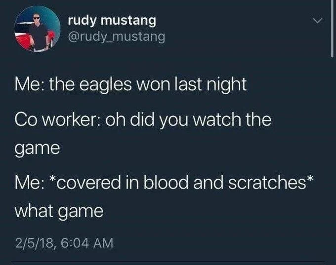 Me: the eagles won last night
Co worker: oh did you watch the
game
Me: *covered in blood and scratches*
what game