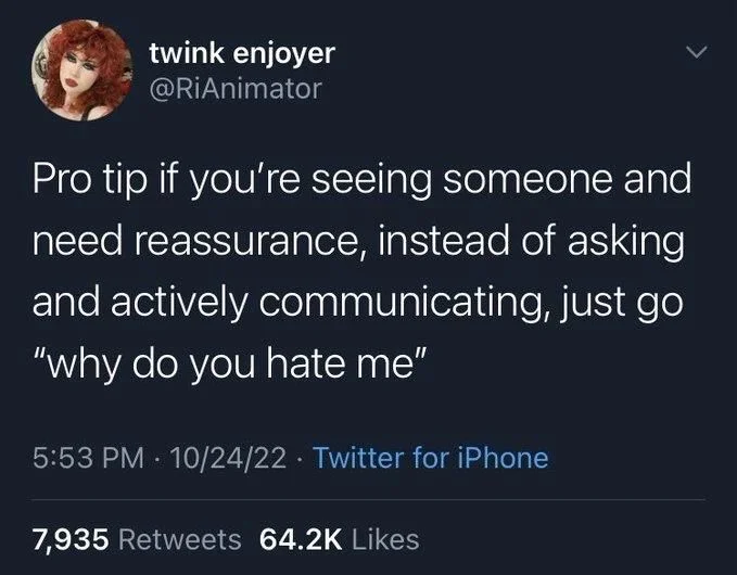 Pro tip if you're seeing someone and need reassurance, instead of asking and actively communicating, just go "why do you hate me"