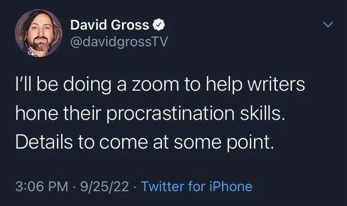 I'll be doing a zoom to help writers hone their procrastination skills. Details to come at some point.