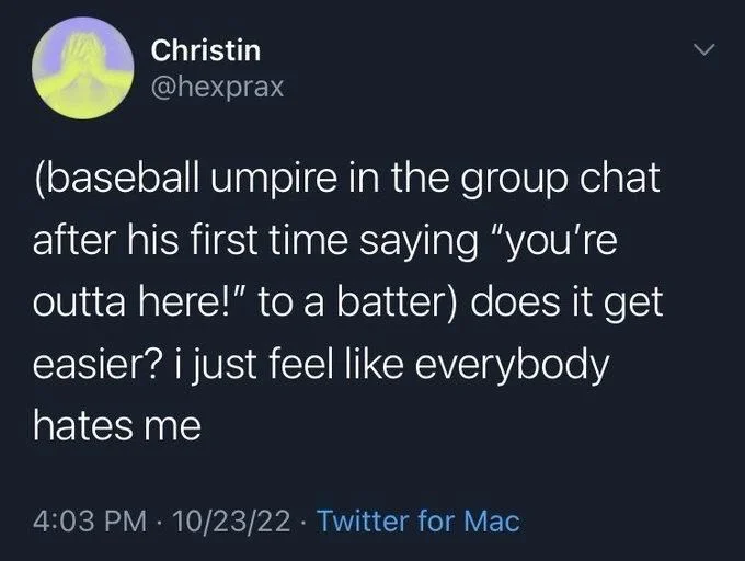 (baseball umpire in the group chat after his first time saying "you're outta here!" to a batter) does it get easier? i just feel like everybody hates me