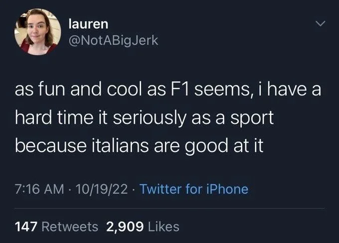 as fun and cool as F1 seems, i have a hard time it seriously as a sport because italians are good at it