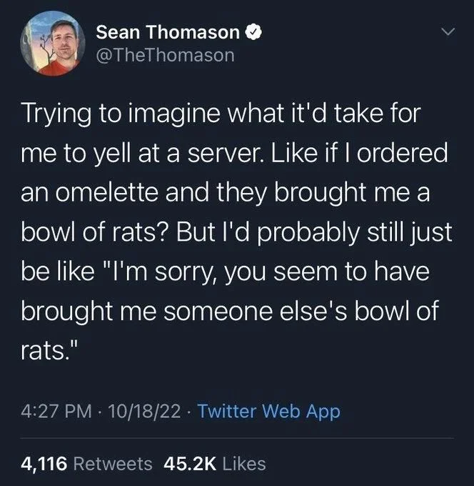 Trying to imagine what it'd take for me to yell at a server. Like if I ordered an omelette and they brought me a bowl of rats? But I'd probably still just be like "I'm sorry, you seem to have brought me someone else's bowl of rats."