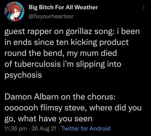 guest rapper on gorillaz song: i been in ends since ten kicking product round the bend, my mum died
of tuberculosis i'm slipping into psychosis
Damon Albarn on the chorus: ooooooh flimsy steve, where did you go, what have you seen