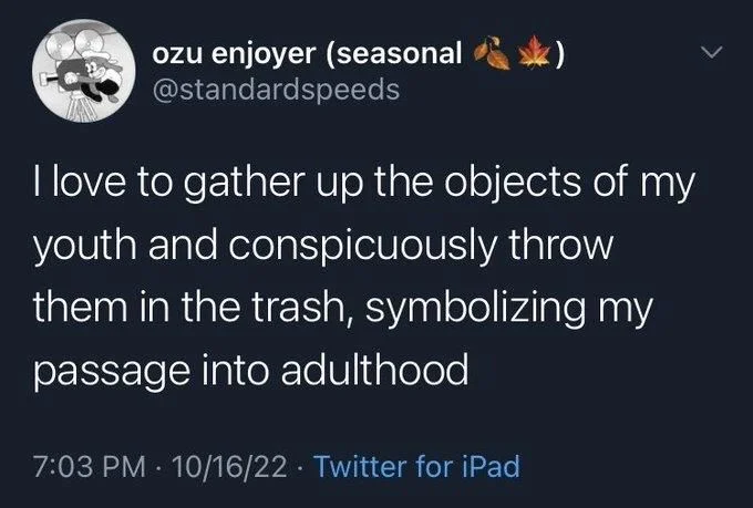 I love to gather up the objects of my youth and conspicuously throw them in the trash, symbolizing my passage into adulthood