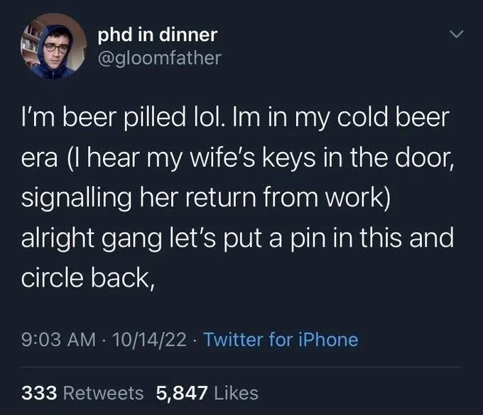 I'm beer pilled lol. Im in my cold beer era (I hear my wife's keys in the door, signalling her return from work)
alright gang let's put a pin in this and circle back,