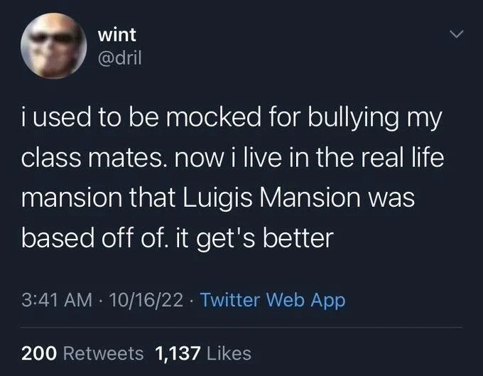 i used to be mocked for bullying my class mates. now i live in the real life mansion that Luigis Mansion was based off of. it get's better