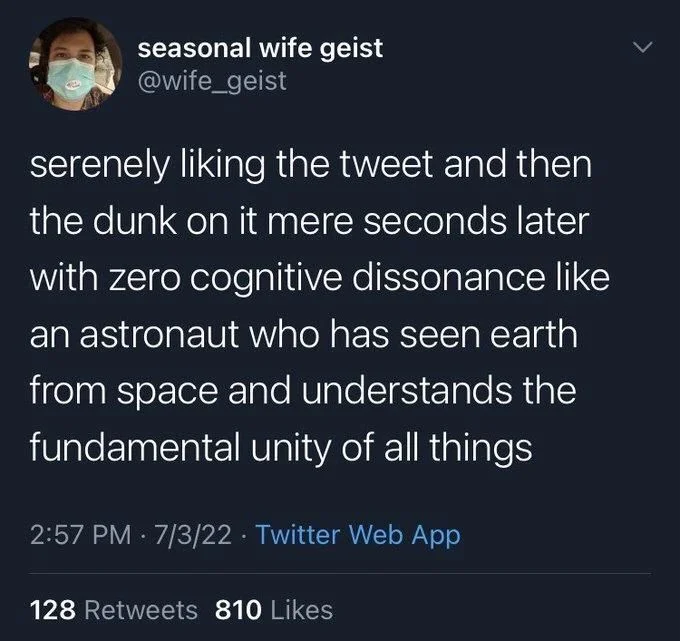 serenely liking the tweet and then the dunk on it mere seconds later with zero cognitive dissonance like an astronaut who has seen earth from space and understands the fundamental unity of all things