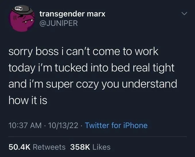 sorry boss i can't come to work
today i'm tucked into bed real tight and i'm super cozy you understand how it is